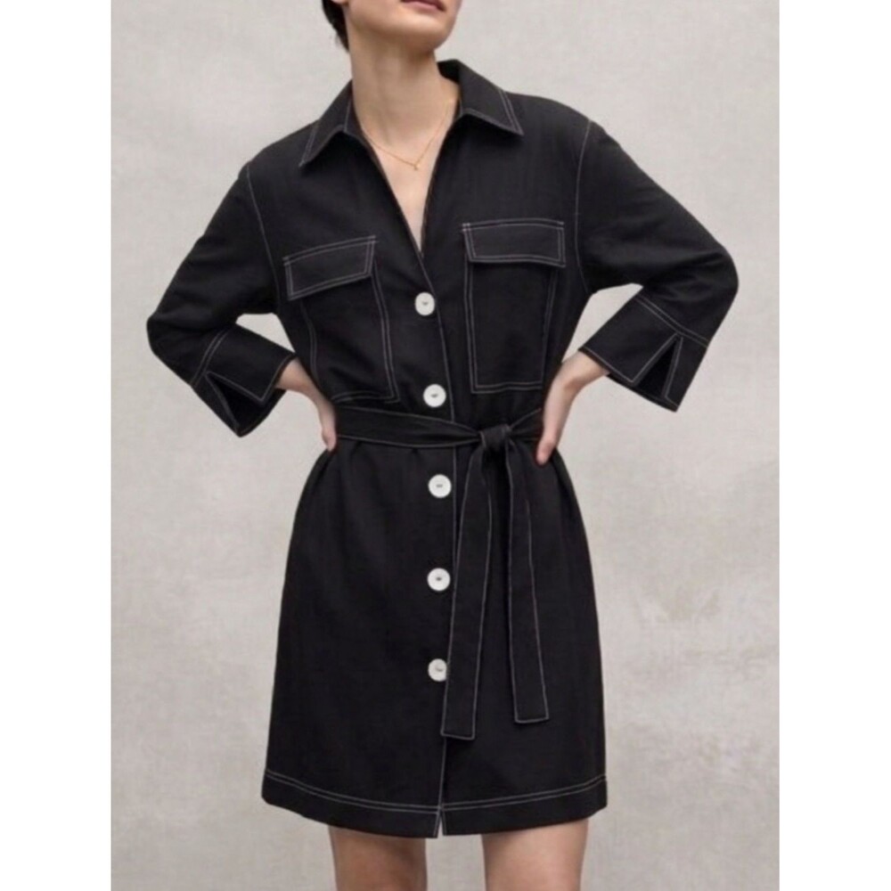 Zara Basic Black Button Down Shirt Dress Size Small Cargo Pocket Belted Y2K
